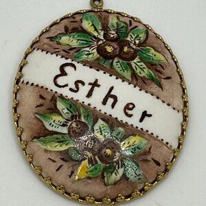 Vintage Hand Painted Name Esther Pendant Charm gold trim